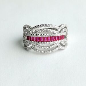 Art Deco Cocktail Ring White Sapphire and Ruby in Sterling Silver